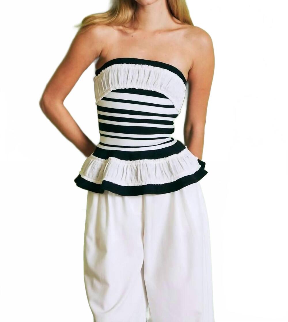 NEW RIVIR valentina sculpted corset bandage stripe peplum top in black/white
